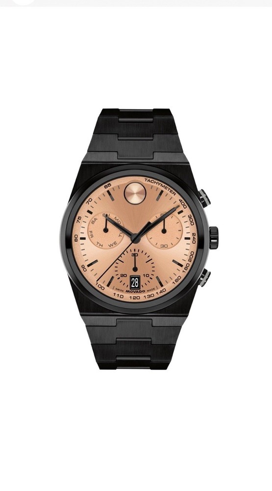 Watch Movado Bold Mens 42mm Black Stainless Steel Rose Gold Dial Chronograph