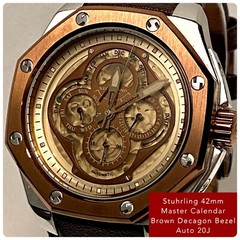 48mm MASTER CALENDAR Auto 20J Brown Decagon Bezel STUHRLING Mens Watch + Case