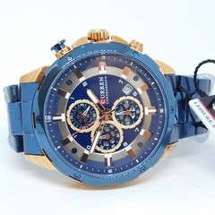 CURREN Chronograph Deep Blue Tone Quartz Men’s Watch Sz. 8 1/4″ New Battery