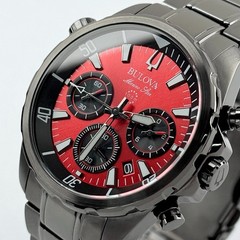 Bulova Men’s Marine Star Chronograph Quartz Red Dial Gray Stainless Watch 98B350