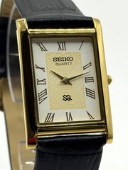 Vintage Refurbished Seiko Rectangular White Dial Black Faux Leather Strap
