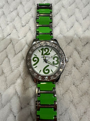 Geneva Women’s Quartz Analog Watch Green/Silver Bracelet White Dial Gem Bezel