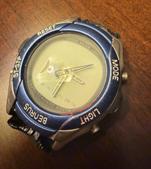 Benrus Quartz Analog Sport Wristwatch 100m Gold Dial Blue Bezel Rubber Strap
