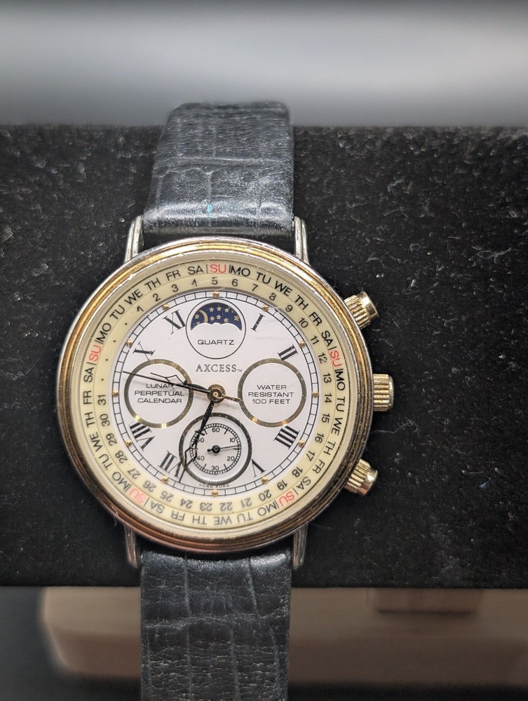 Axcess Mens Lunar Perpetual Calendar Gold Tone Black Leather Strap Working