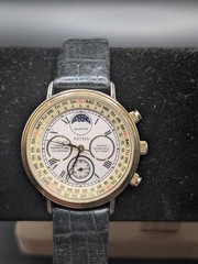 Axcess Mens Lunar Perpetual Calendar Gold Tone Black Leather Strap Working