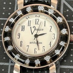 Venice Art & Glass Millefiori Floral Bezel Watch Black Croc Strap Stainless