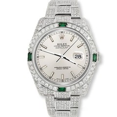 Rolex Datejust 36mm 12.4CT Diamond/Emerald Watch With Silver Dial Box Papers