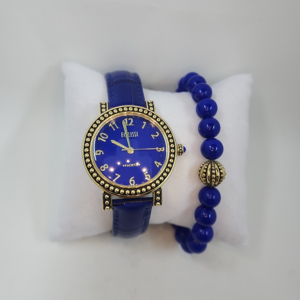 Ecclissi Lapis Gemstone Leather Watch w/ Leather Stretch Bracelet, Average