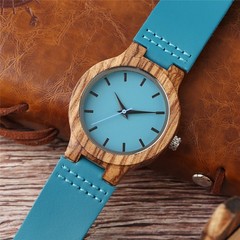 Ladies Blue Dial Wood Case Watch Genuine Leather Strap Quartz Valentine’s Day