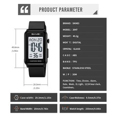 SKMEI Men Rectangle Watch LED Countdown Wristwatch Boys Girl Digital Sport Watch