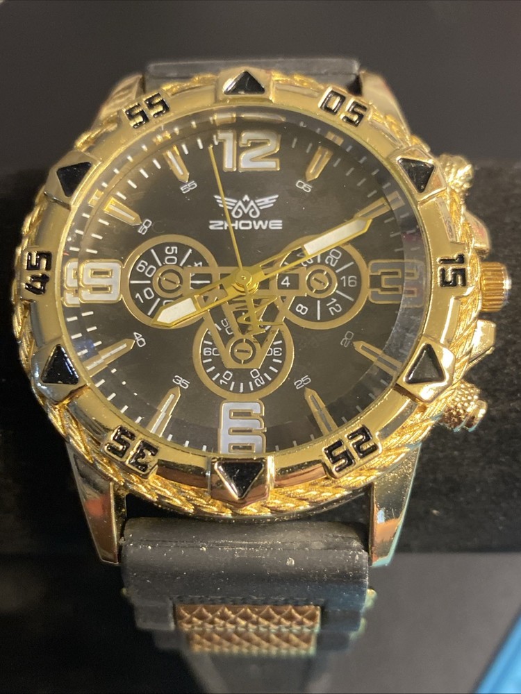 Zhowe Gold Tone Watch Black Dial Faux Chronograph Black Rubber Band New Battery