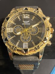 Zhowe Gold Tone Watch Black Dial Faux Chronograph Black Rubber Band New Battery