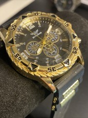 Zhowe Gold Tone Watch Black Dial Faux Chronograph Black Rubber Band New Battery