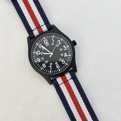 Field Men’s Watch 42MM Black Case Dial Blue White Red Canvas Band Straps NewBatt