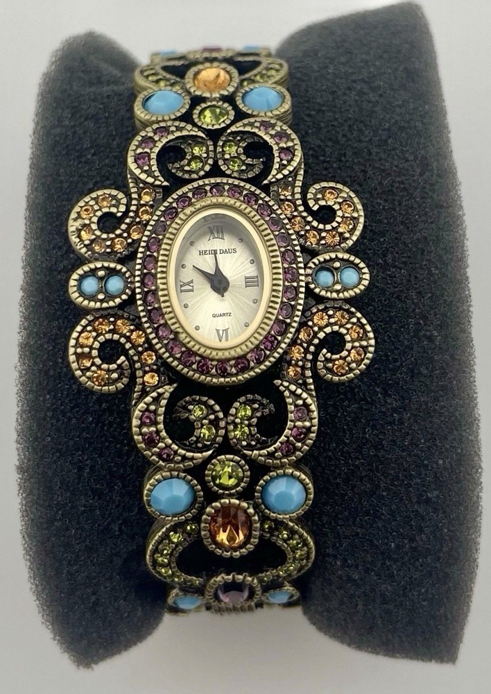 Heidi Daus Multi Color Crystal Hinged Cuff Bracelet Watch