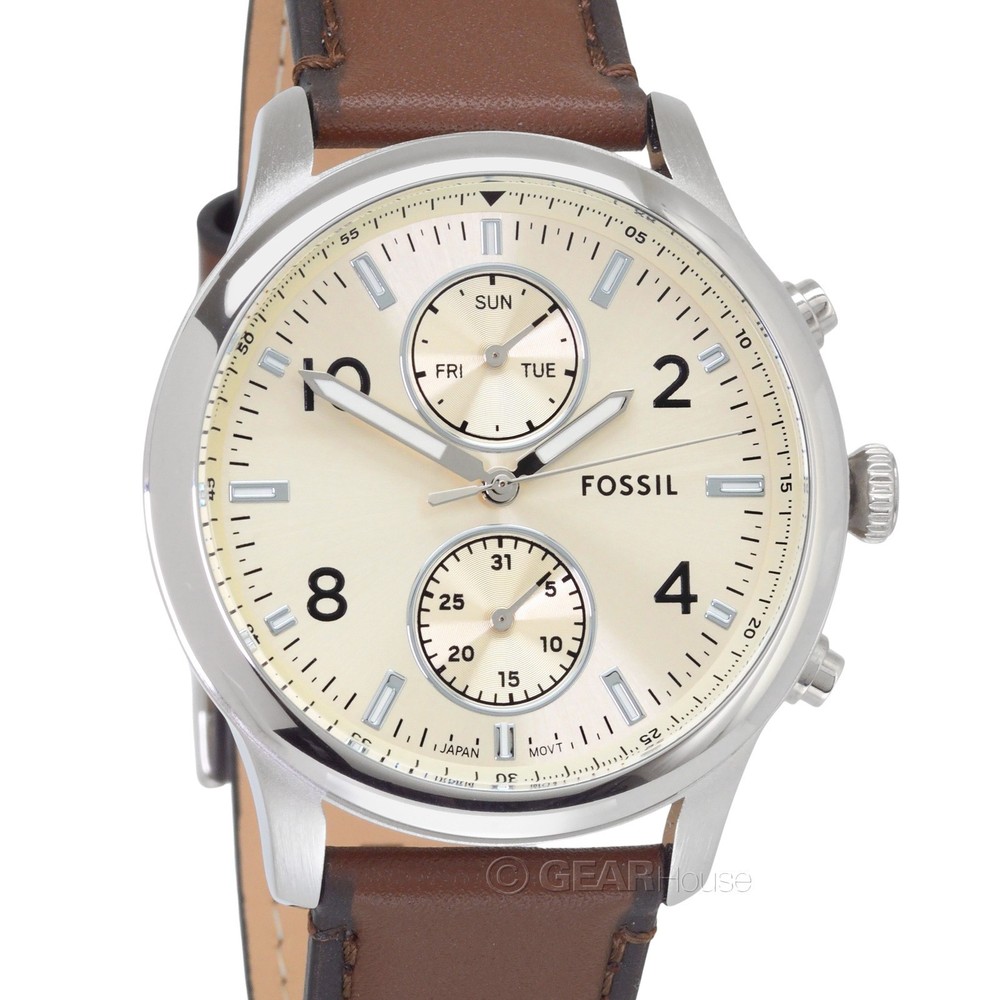 FOSSIL Bennett Mens Multifunction Watch Cream Dial Day Date, Brown Leather Strap