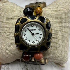 Chico’s Watch Women Bronze Tone Elephant Beaded Stretch Bracelet New Battery