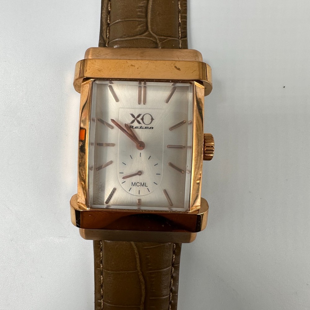 XO Retro MCML Watch Mens Rose Gold Tone Green Leather Band New Battery 9.5″