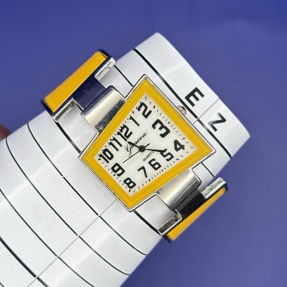 Ladies Geneva Asymmetrical Unusual Shaped Yellow Enamel Bezel Hinged Cuff Watch