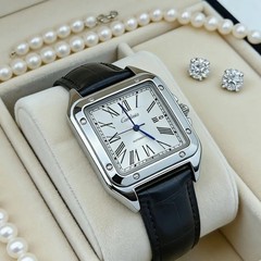 Men’s Square Roman Numeral Quartz Watch, Luxury Stainless Steel Case, Black Leat
