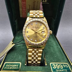 Lucien Piccard Dufonte Watch Men 36mm Gold Dial Gold Tone Date Diamond Bezel