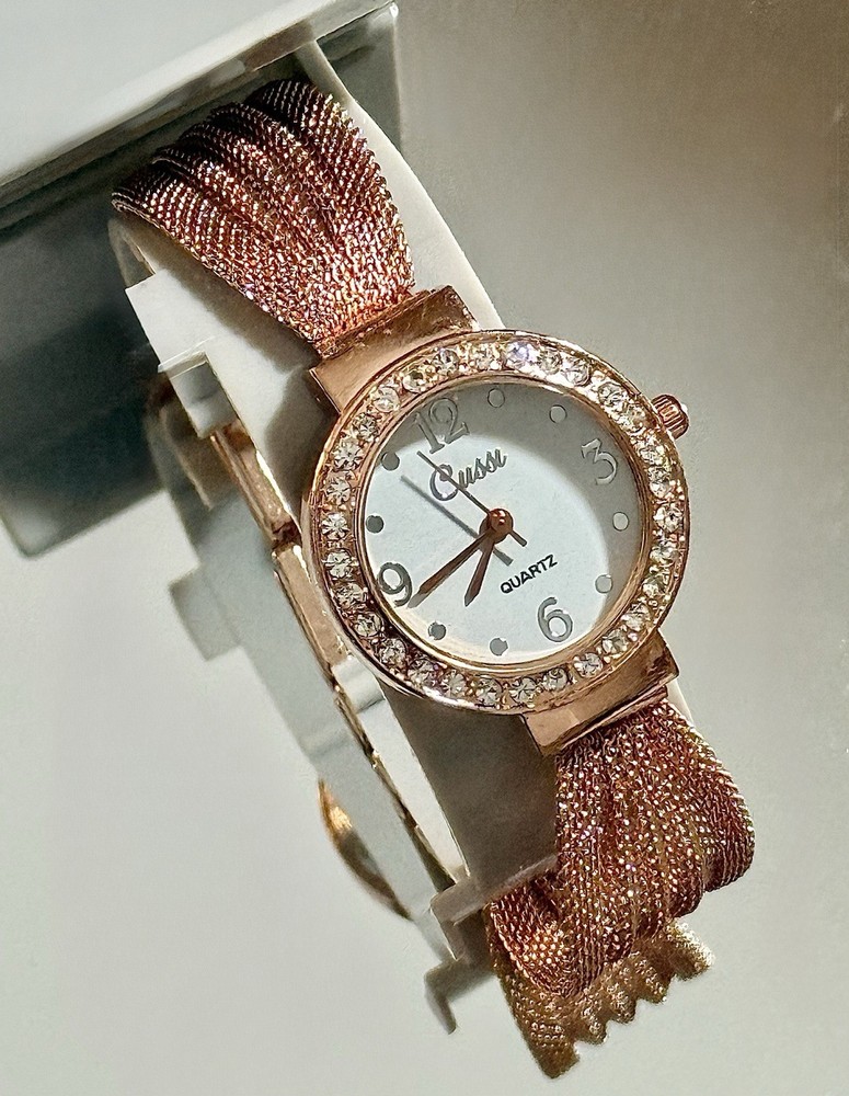 Womens Rose Gold Watch Mesh Metal Band CZ Dial New Long Life Battery