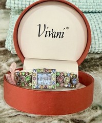 Vivani~Silver Tone~Rhinestone Gem Stretch Band Bracelet Watch~New~Never Worn