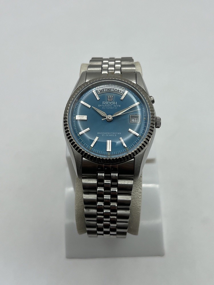 Vintage Ricoh Dynamic Wide Automatic 21 Jewels Day-Date Blue Dial Men’s Watch