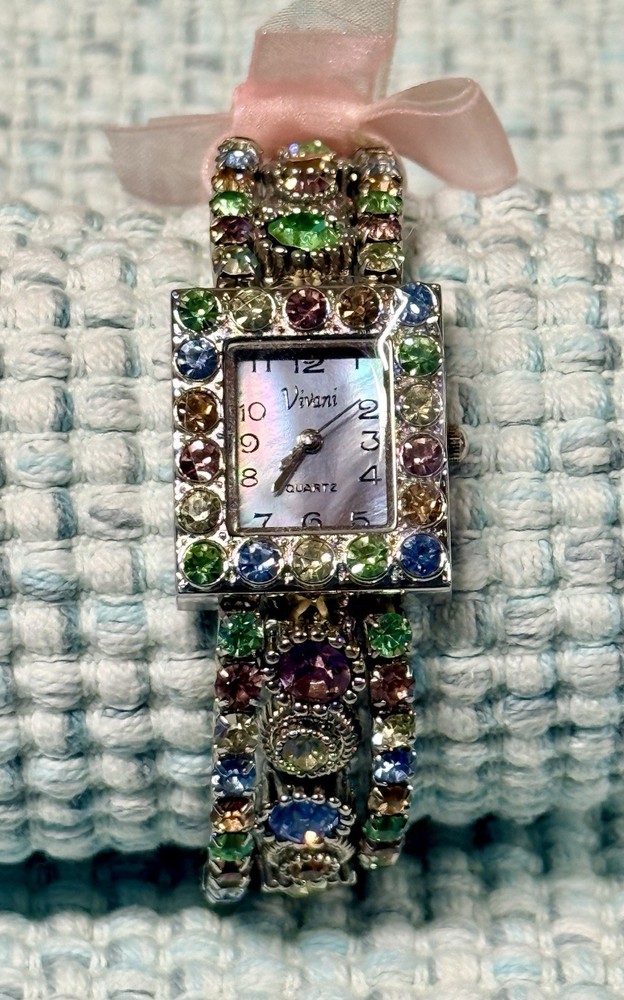 Vivani~Silver Tone~Rhinestone Gem Stretch Band Bracelet Watch~New~Never Worn