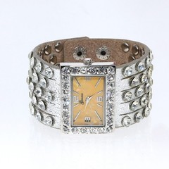 Geneva Wide Leather band Watch with Rhinestones on Band