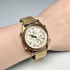 Seiko 7A28 6010 Chronograph Quartz White Dial Gold Mens Watch Auth