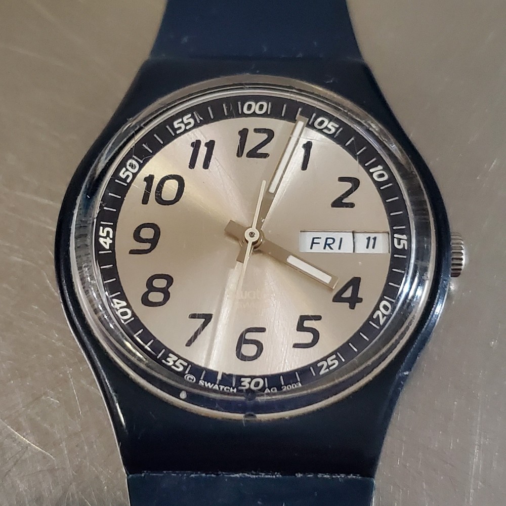 SWATCH Watch TIME IN BLUE GN716 Vintage 2004 Swiss Analog Quartz Day Date 34 mm