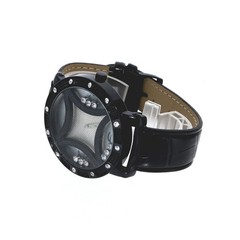 Hip Hop Men’s Floating Clear Stones, Black Finish Black Leather Band Watch