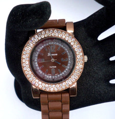GENEVA Ladies Platinum Watch Brown Rubber Band Rose Gold Case Clear Crystals