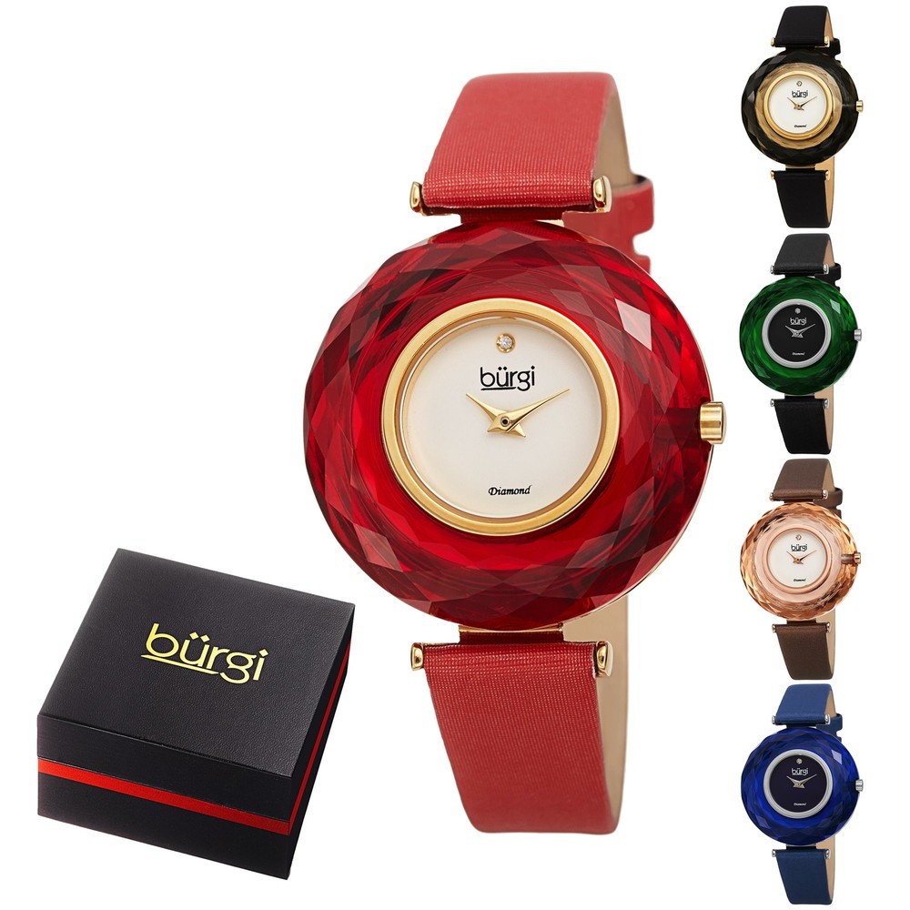 Women’s Burgi BUR52 Quartz Watch Color Faceted Crystal Diamond Marker Satin Str