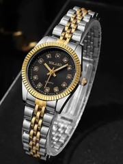 1pcs Women’s Fashion Round Room Gold Steel Band Quartz Wristwatch