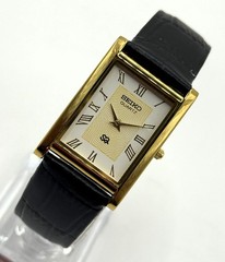 Vintage Refurbished Seiko Rectangular White Dial Black Faux Leather Strap