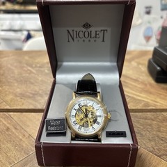 NEW NICOLET 1886 NT322122 MECHANICAL SKELETON WATCH GOLD DIAL LEATHER ANALOG B