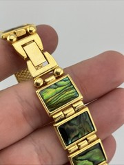 Vtg LA Express Ladies 21mm Watch Gold Tone Abalone Band MOP Dial 7″ – RUNS