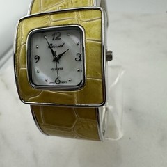 Osirock Watch Mother of Pearl Dial Yellow Reptile Hinged Cuff – Has New Battery