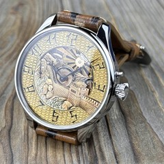 Skeleton Watch Hand Engraved & Vintage Swiss Pocket Watch Movement China, 48mm