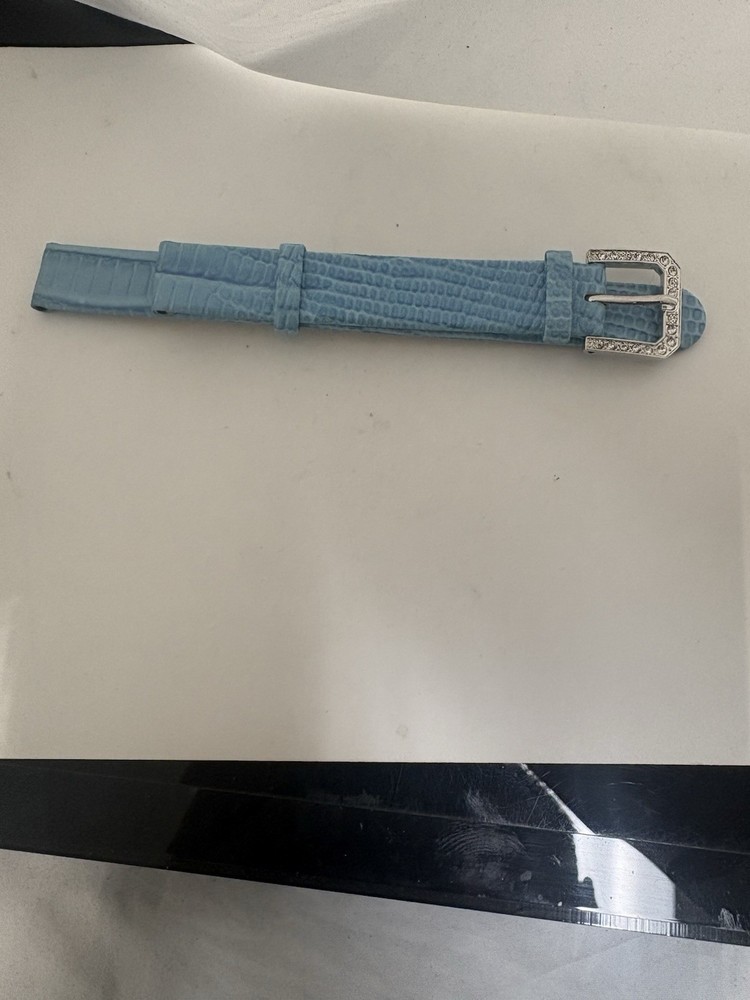 Jean Dousset Light Blue Genuine Leather Band Rhinestone Buckle Women 12mm
