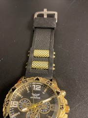 Zhowe Gold Tone Watch Black Dial Faux Chronograph Black Rubber Band New Battery