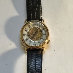 Stührling Automatic Skeleton Dial Gold Tone Steel Case Black Leather Strap