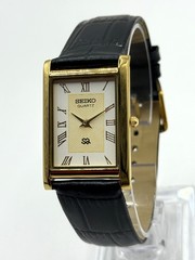 Vintage Refurbished Seiko Rectangular White Dial Black Faux Leather Strap
