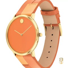 Movado Modern 47 Orange Dial & Orange Leather Strap Gold Swiss Watch 0607871