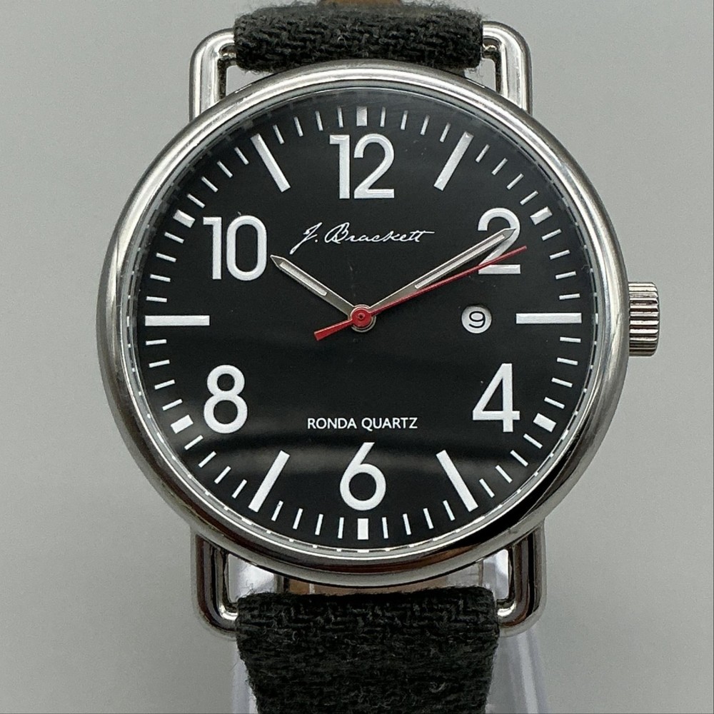 J. Brackett Ronda Mens Watch 42mm Black Dial Gray Strap Date New Battery