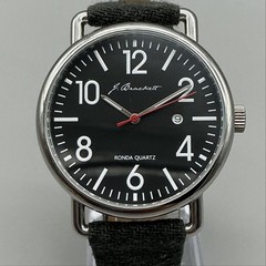 J. Brackett Ronda Mens Watch 42mm Black Dial Gray Strap Date New Battery