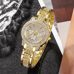 Women Luxury Gold Quartz Watch Rhinestone Jewelry Set Ring Necklace Earrings