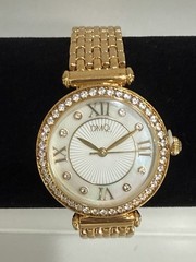 QVC Diamonique DMQ Women’s Gold Tone Watch Cubic Zirconia Bezel MOP Dial NEW!